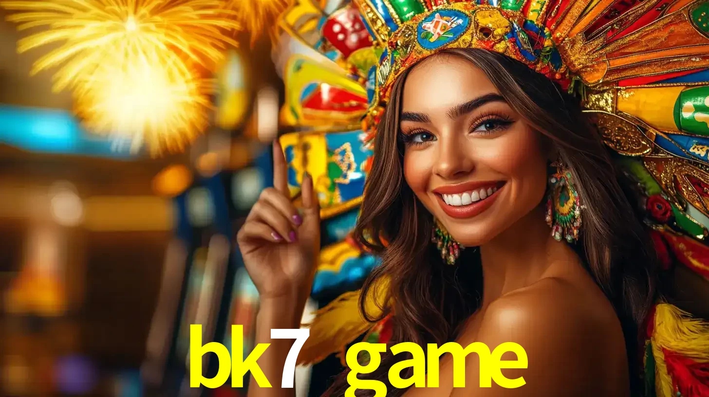 Mulher sorridente com um cocar de carnaval vibrante e colorido, celebrando uma grande vitória nos jogos do cassino bk7 game com fogos de artifício ao fundo.