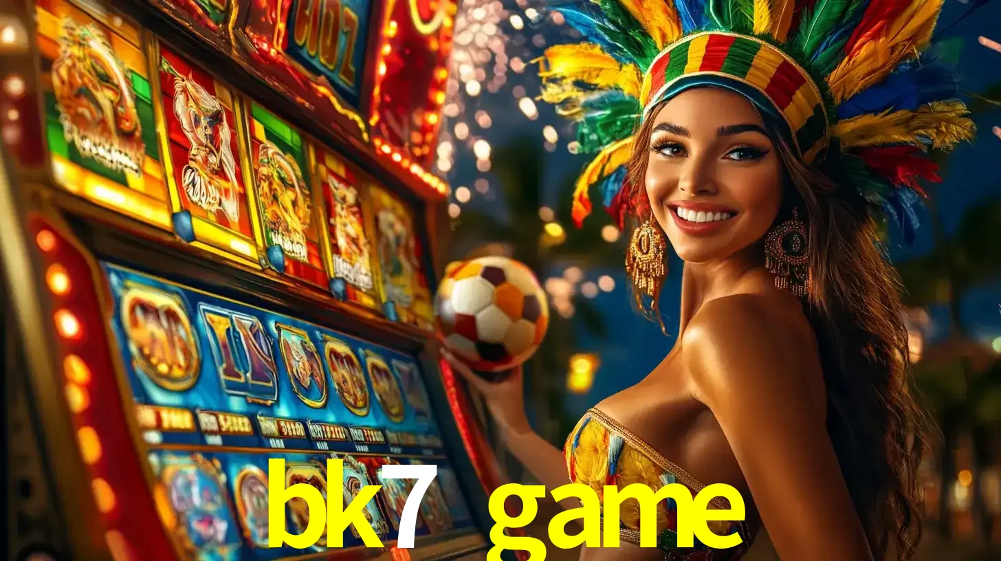 Mulher com um cocar de carnaval ao lado de uma máquina de caça-níqueis enquanto segura uma bola de futebol, mostrando a união da diversão de cassino e esportes no bk7 game.