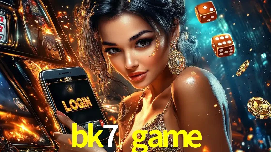 Mulher glamourosa segurando um celular com a tela de login do cassino bk7 game, rodeada por dados e moedas douradas, pronta para começar a diversão.