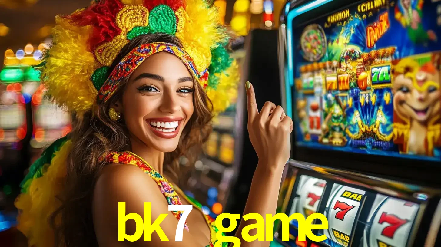 Mulher animada com um cocar de carnaval apontando para uma máquina de caça-níqueis, mostrando a emoção de ganhar um grande prêmio nos jogos do bk7 game.
