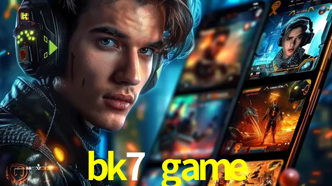 Jovem jogador com fones de ouvido olhando para a câmera, com um aplicativo de jogos e e-sports para celular ao fundo, pronto para a competição e apostas no bk7 game.