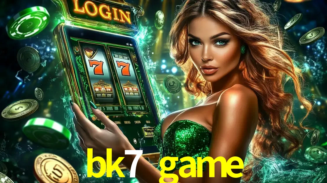 Mulher com tema verde apresentando o aplicativo do cassino bk7 game com um jogo de slot de 777, cercada por fichas de cassino e uma aura de sorte.