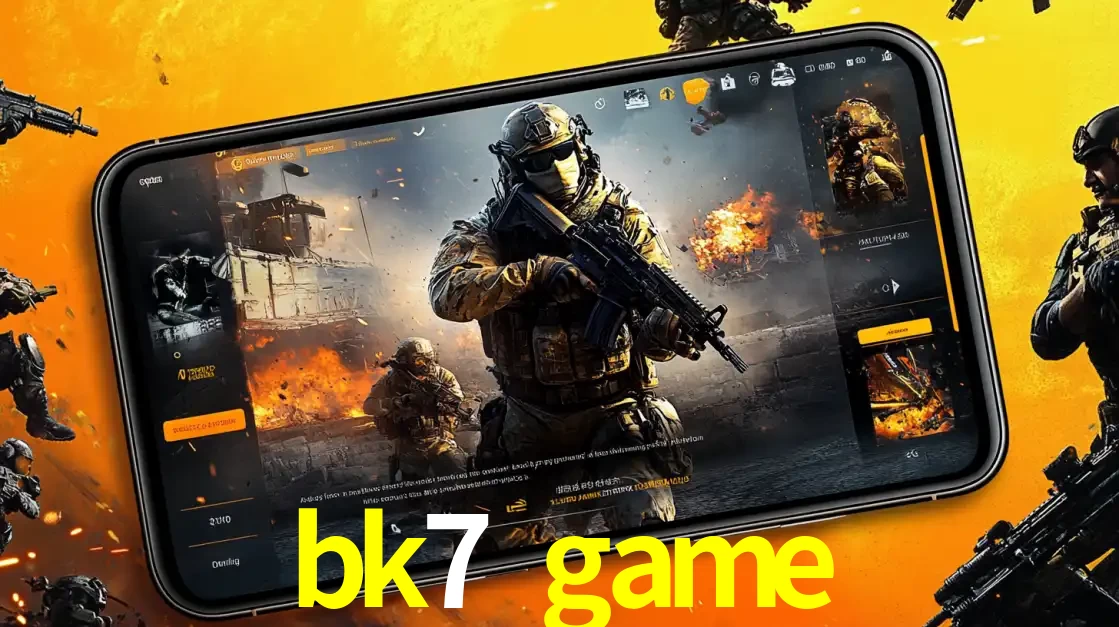 Um smartphone exibindo a interface de um jogo de tiro em primeira pessoa, com um soldado em um cenário de batalha, representando a ação dos e-sports para apostar no bk7 game.