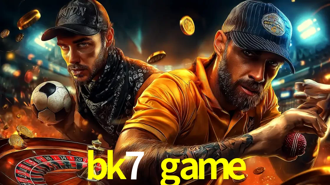 Montagem de apostas esportivas e cassino no bk7 game, com um homem segurando uma bola de futebol e outro uma de beisebol sobre uma roleta e moedas voadoras.