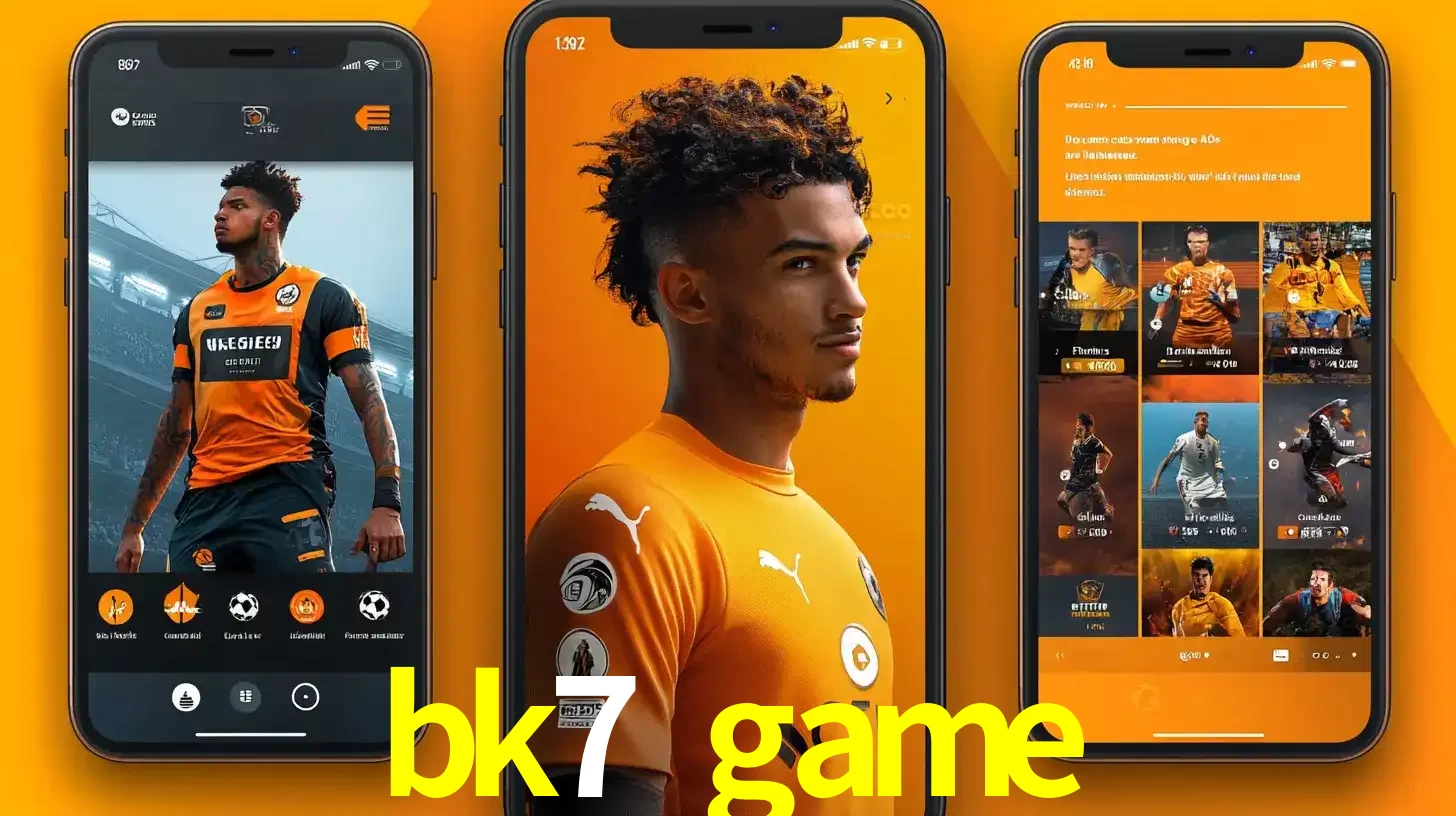 Interface do aplicativo de apostas esportivas bk7 game em três telas de celular, mostrando o perfil de um jogador de futebol e a lista de jogos disponíveis para apostar.