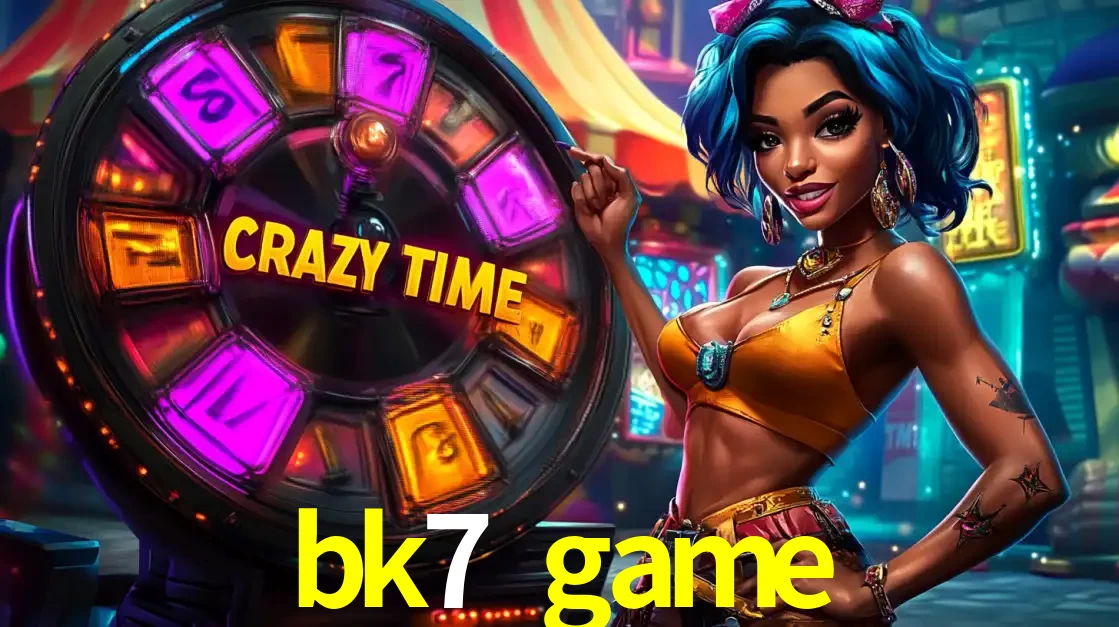 Mulher estilizada com cabelo azul e visual vibrante posando ao lado da roda de prêmios do game show Crazy Time, convidando para a diversão e os bônus do cassino bk7 game.