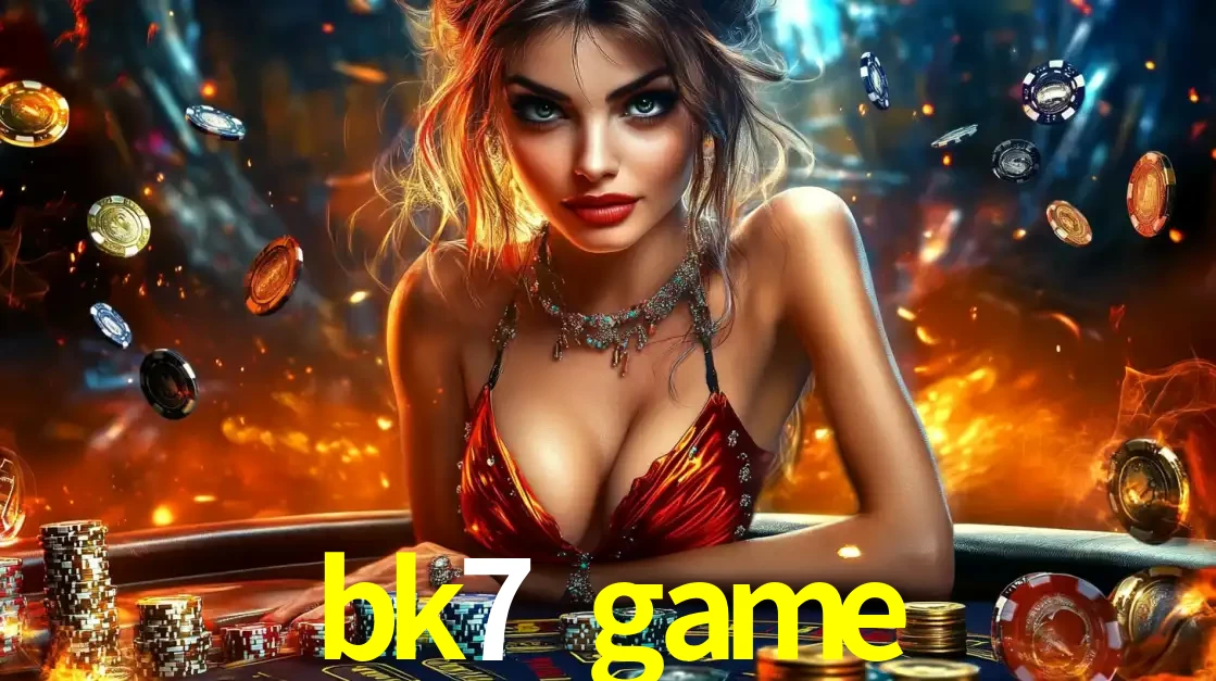 Mulher em uma mesa de cassino com pilhas de fichas e um fundo de fogo, pronta para uma rodada de altas apostas nos jogos de mesa emocionantes do cassino bk7 game.