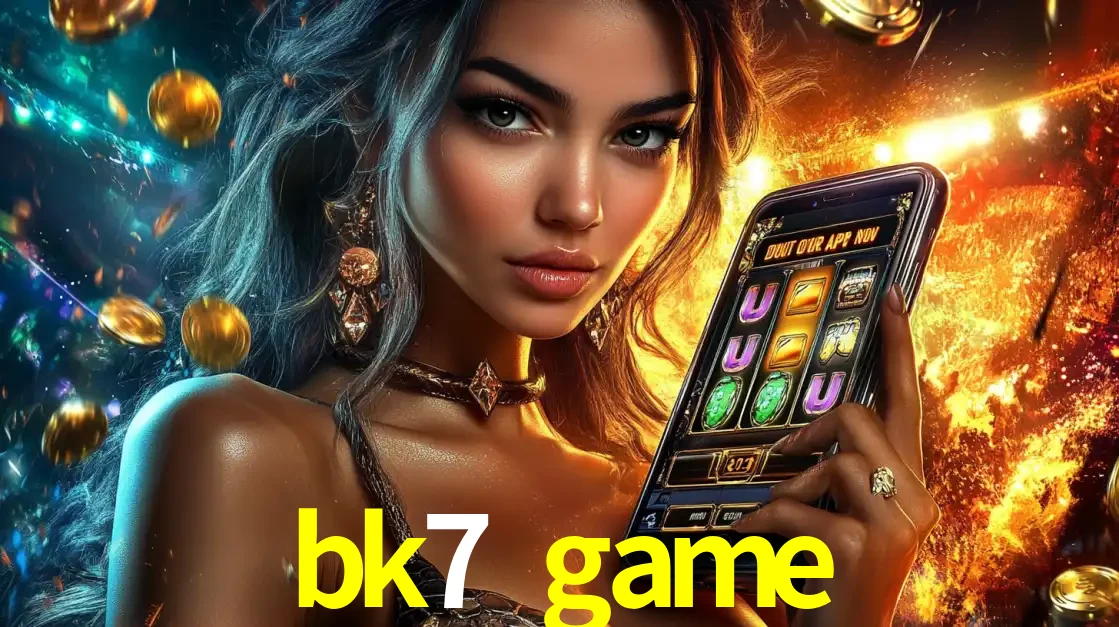 Mulher elegante mostrando um jogo de caça-níqueis em seu smartphone, destacando a experiência de cassino móvel oferecida pelo aplicativo bk7 game.