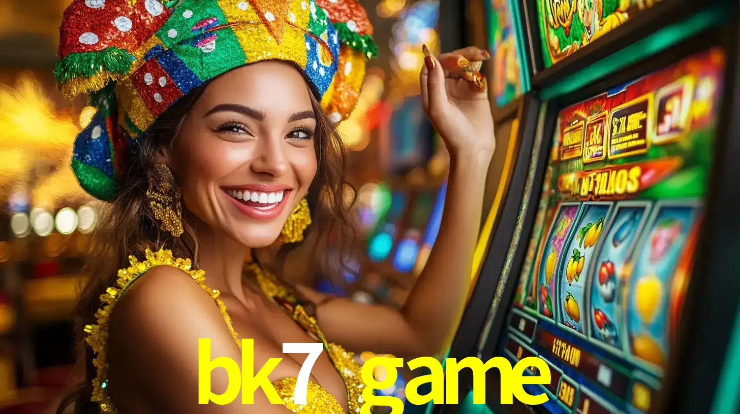 Mulher feliz com traje de carnaval amarelo e colorido ao lado de uma máquina de caça-níqueis, aproveitando a diversão e os jogos temáticos do cassino bk7 game.