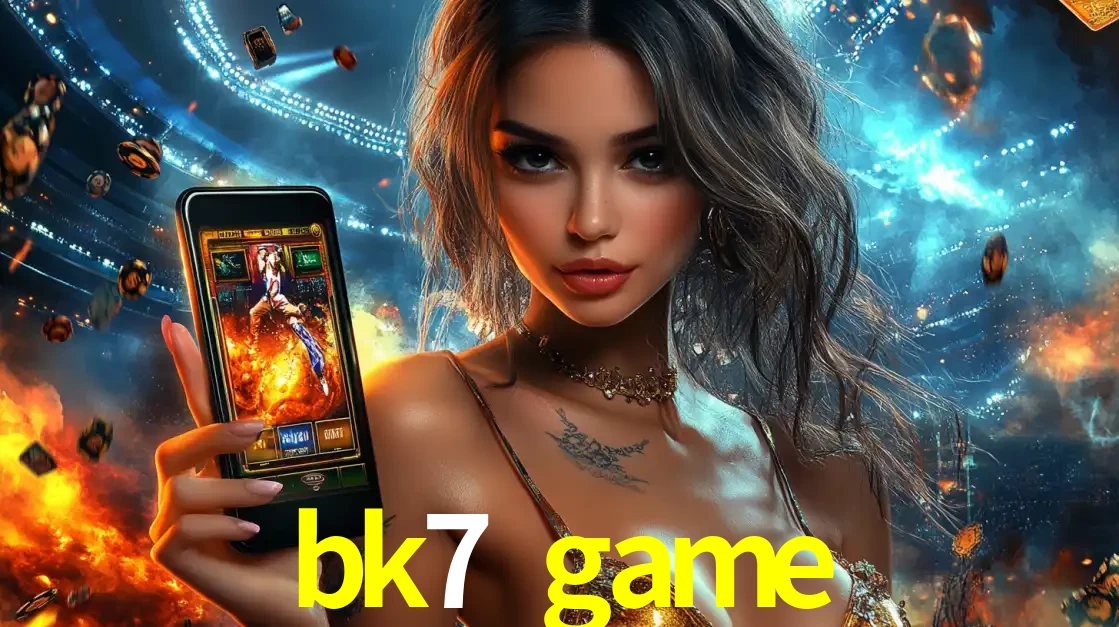 Mulher segurando um celular com um jogo de slot em destaque, tendo como fundo um estádio vibrante, simbolizando a emoção de jogar no cassino móvel bk7 game.