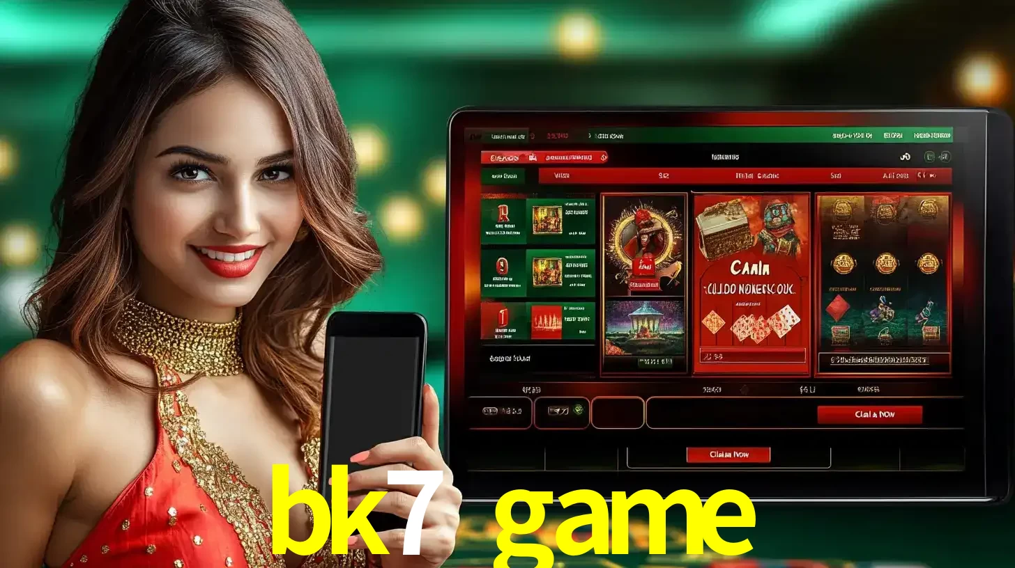 Mulher sorridente segurando um smartphone, ao lado de uma tela exibindo o lobby de jogos do cassino online bk7 game, com várias opções de jogos de cartas e slots.